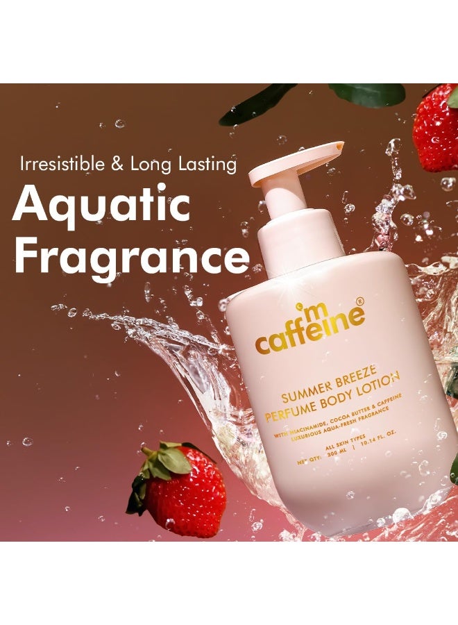 إم كافيين مجموعة لوشن الجسم المعطر من إم كافيين - سويت إسكيب ونسيم الصيف | نياسيناميد، كاكاو وزبدة الشيا | ترطيب عميق للبشرة الجافة في الشتاء | لوشن جسم خفيف الوزن وغير لزج للاستخدام اليومي | هدية سانتا السرية للنساء/الرجال | عيد الميلاد | رائحة الفواكه والماء - 300 مل × 2 - Image 3